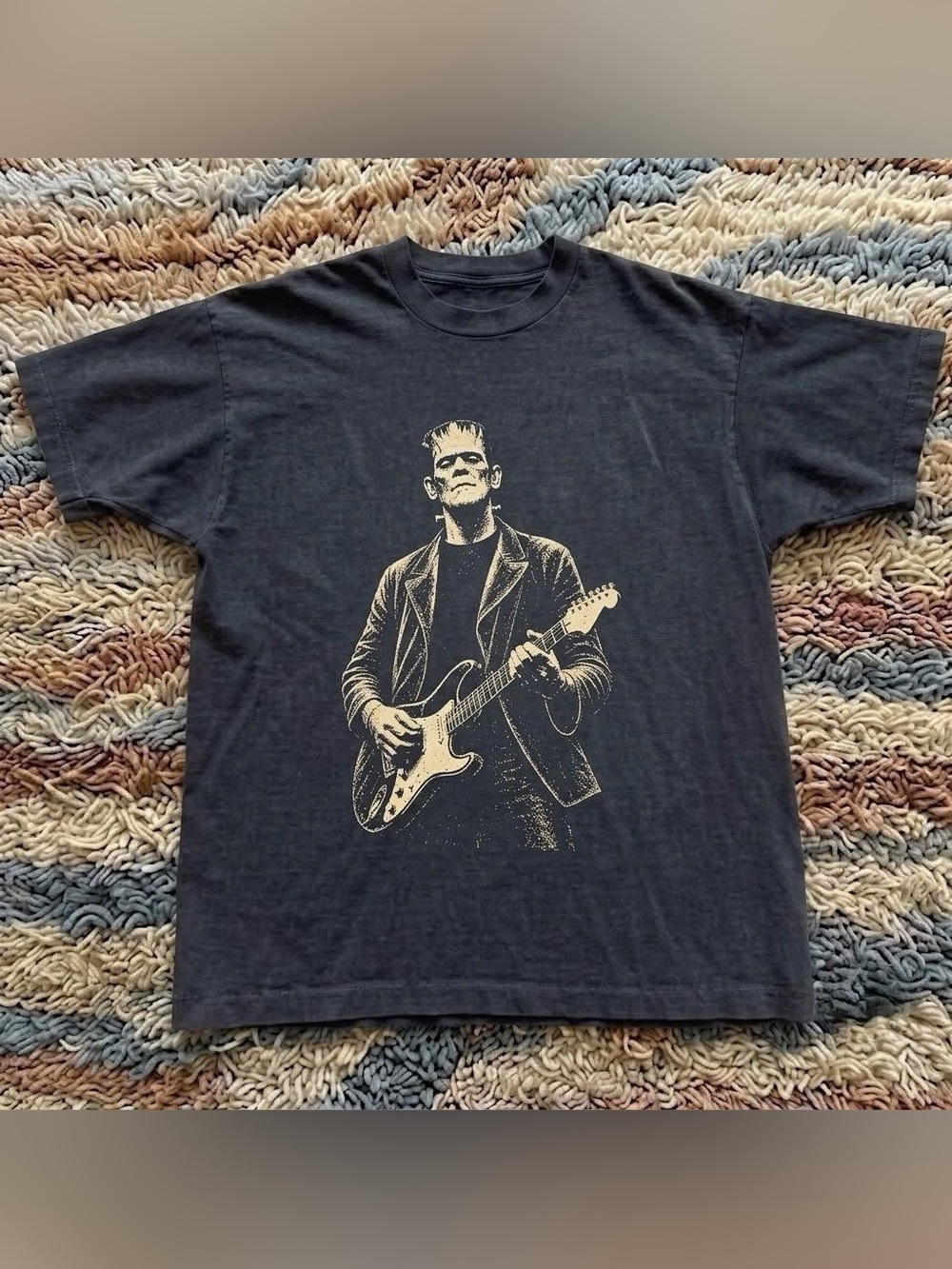 Vintage Black Short-Sleeve Tee with Cream Frankenstein Guitar Graphic